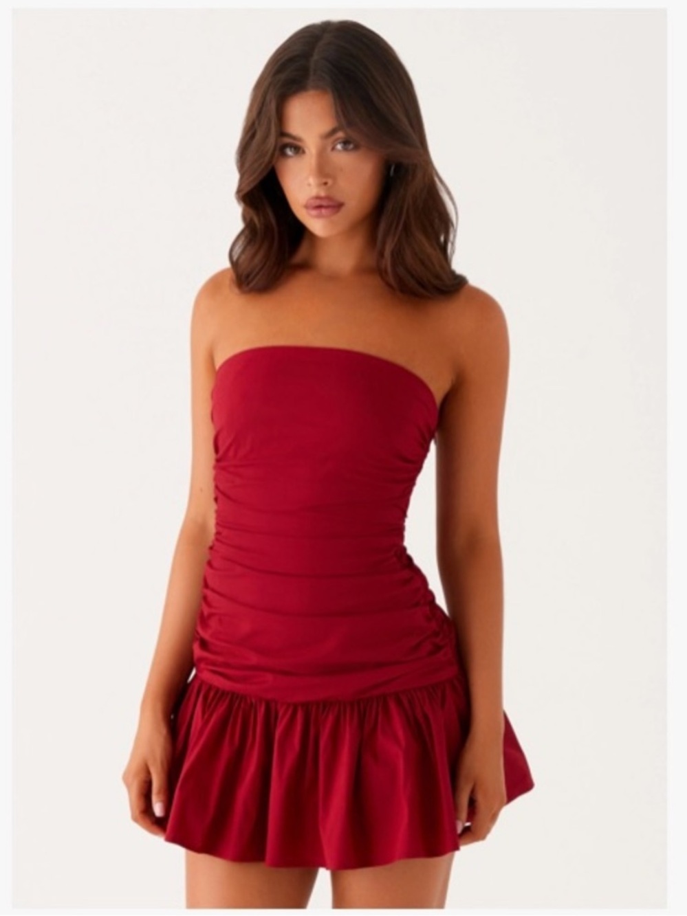 Peppermayo Carmel Mini Dress Merlot Red Strapless Ruched Drop Waist Nwt Us 12